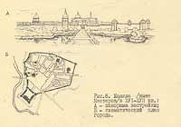 Рис.8. Жолква /ныне Нестеров/в 16-17 вв.: А - панорама застройки; Б- схематический план города.